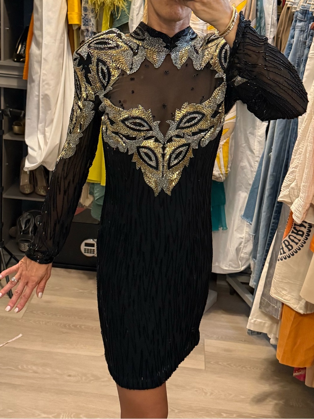Vintage Lillie Rubin Black & Gold Sequin Beaded Sheer Yoke Mini Dress
